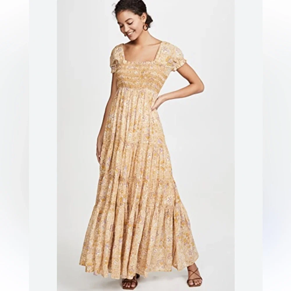 Free People getaway babydoll ruched Mustard tiered Floral Maxi Dress S